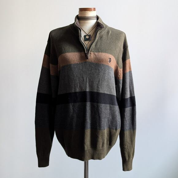 Polo Ralph Lauren Sweaters - Vintage Green Striped Knit Sweater Earthy Minimalist Grunge Preppy Fleece Large